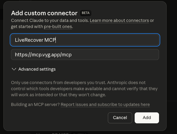 Add custom connector dialog with LiveRecover MCP as the name and the MCP URL filled in
