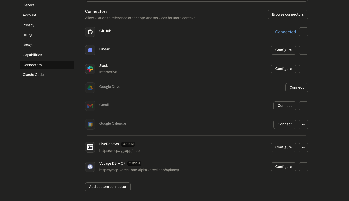 Claude settings showing the Connectors page with an Add custom connector button